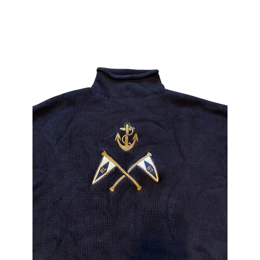 Polo Ralph Lauren Mens Navy Blue Cotton Mock Neck Nautical Anchor Sweater S/P